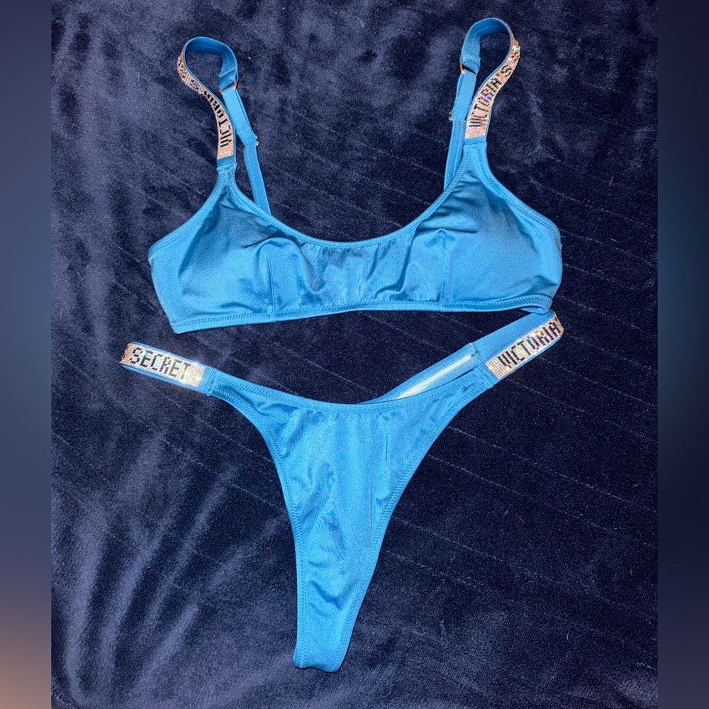 Victoria's Secret Shine Blue Bikini with Logo Straps